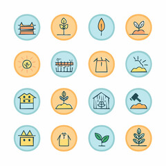 Fototapeta premium A collection of colorful vector illustrations of gardening and farming icons, including plants, tools, and structures, on a white background.