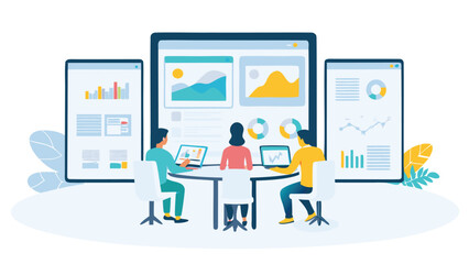 Team collaboration with data analytics displayed on screens in a modern office setting viewed from behind