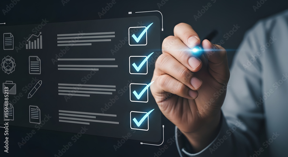 Poster a hand marking checkboxes on a digital checklist, with various icons suggesting tasks.