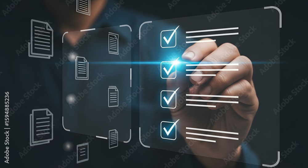 Poster a person's hand digitally checks off items on a checklist displayed on a transparent screen, surroun