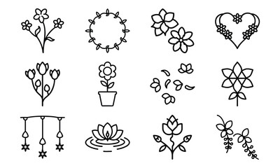 Decorative Flower And Floral Element Icon Set Featuring Wreaths, Potted Flowers, Hanging Blooms, Petals, And Stylized Lotus Desi (14)