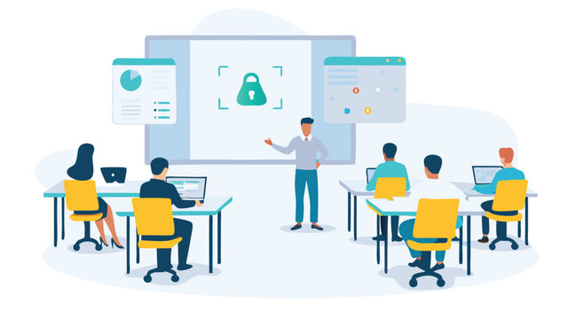 Illustration of a security training session with instructor and students using laptops in a classroom setting