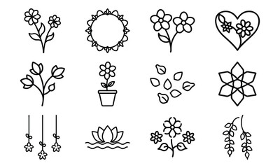 Decorative Flower And Floral Element Icon Set Featuring Wreaths, Potted Flowers, Hanging Blooms, Petals, And Stylized Lotus Desi (23)