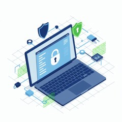 Isometric laptop protection Cybersecurity with secure data encryption through network firewall safety