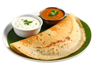Savory Dosa Delight: A perfectly crafted dosa, golden-brown and crispy, sits alongside two flavorful dipping sauces on a beautifully presented plate, inviting a taste of culinary excellence.