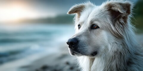 Beautiful white dog gazes at the ocean during a tranquil sunset on a beach