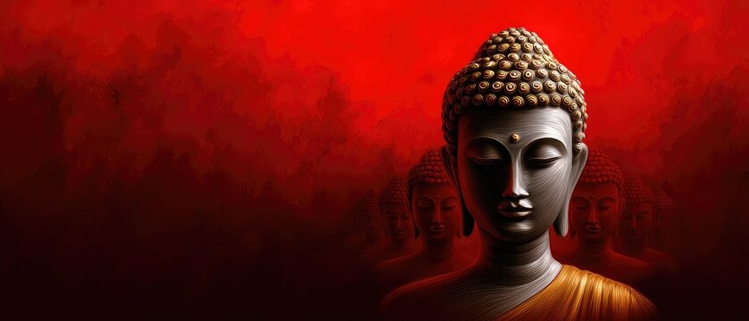 Buddhism dharma concept. Serene Buddha statues against a vibrant red background create a tranquil atmosphere.