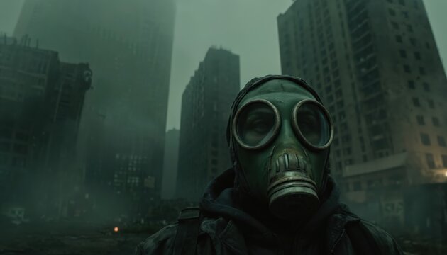 Man wears green gas mask amidst destroyed city buildings under foggy sky. Post-apocalyptic survivor in protective gear faces environmental disaster. Dark atmosphere, hazardous zone.