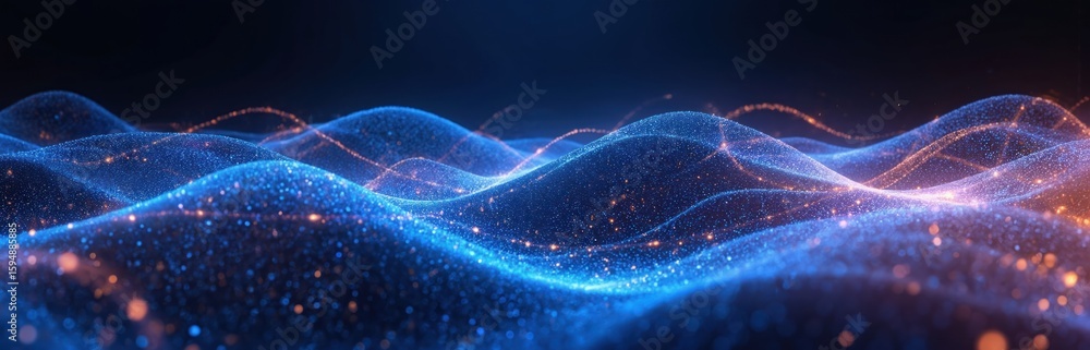 Aufkleber abstract blue wave background with glowing digital overlay, lines. data flow simulation with illumin