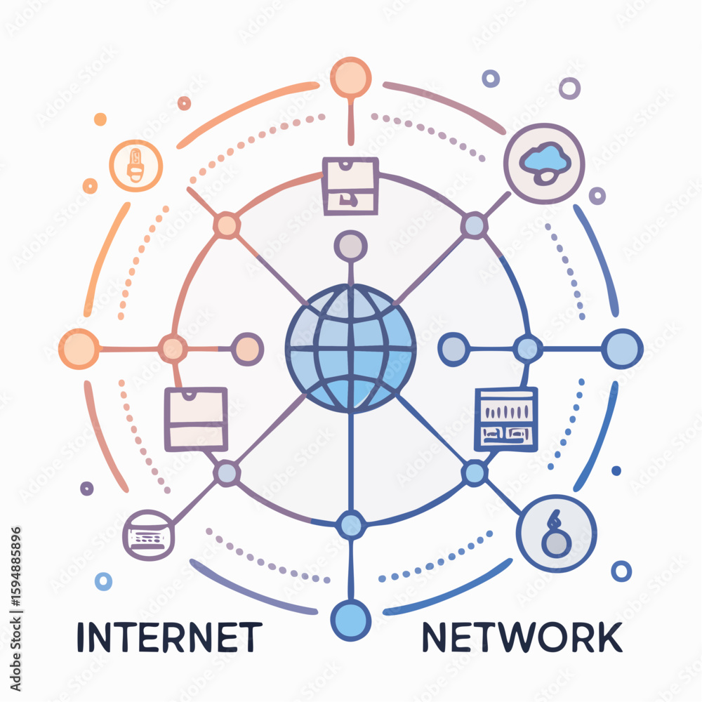 Poster a colorful illustration depicting the interconnectedness of the internet and network concepts, showc