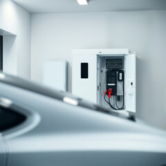 EV charger installation. A wall-mounted electrical cabinet for a home EV charging station is open, showing the internal components and wiring in a clean garage.