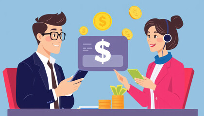 Business Partners Using Mobile Devices for Financial Transactions and Digital Payments with Dollar Signs in the Background
