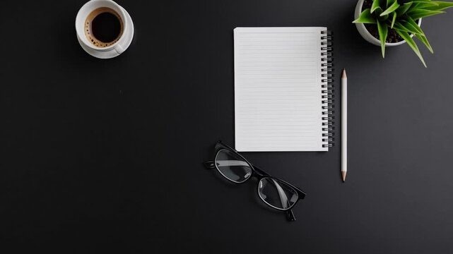 Coiled binding writing pad placed on dark professional workspace surface alongside various office accoutrements