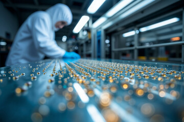 Pharmaceutical manufacturing line. A scientist in a cleanroom suit oversees the production of medical capsules on an automated manufacturing line in a modern laboratory.