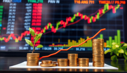 Plant Growing from Stack of Coins with Financial Chart Background Reflecting Investment Growth and Economic Success