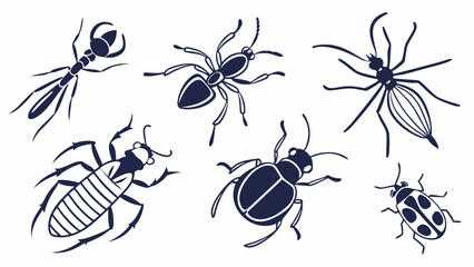 Common insects and bugs collection. Ant, spider, mosquito, beetle, ladybug. Pest control black and white illustration set.