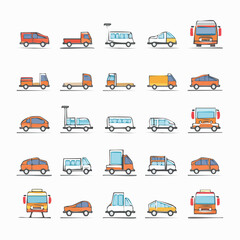 A vibrant collection of various transport vehicles, including trucks, buses, and cars, presented in a colorful and minimalistic illustration style on a clean white background.