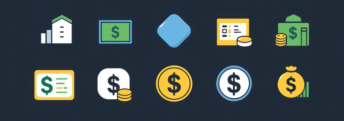 Icons Representing Various Aspects of Finance, Currency, and Investment Including Cash, Coins, Bills, and Financial Statements