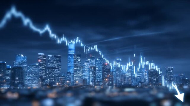 Stock Market Downturn with Blue Cityscape Skyline Graph and Falling Arrow Representing Financial Crisis and Economic Recession