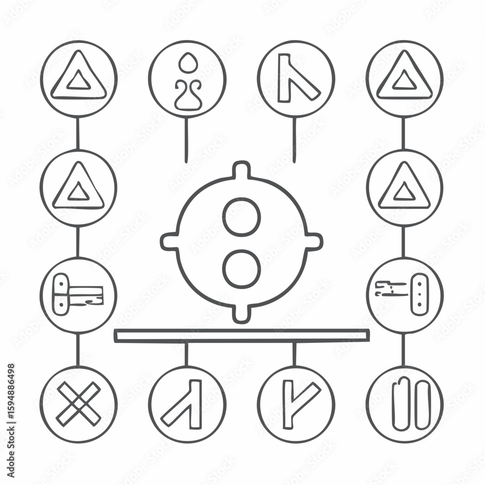 Poster an abstract illustration showcasing a collection of interconnected circular symbols and shapes, arra