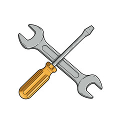Crossed silver wrenches and yellow screwdriver icon in colorful vector style