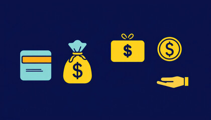 Financial Icons Representing Payment Methods, Currency, Cash, Transactions, and Economic Activities for Business and Marketing Visuals