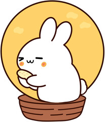 Obraz premium Kawaii Style Rabbit Pounding Rice Cake with Big Moon – Perfect Illustration for Korean Thanksgiving and Moon Festival Themes