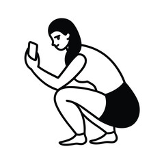 Fototapeta premium Female Figure Crouching Down for Mirror Selfie silhouette Art Vector illustration