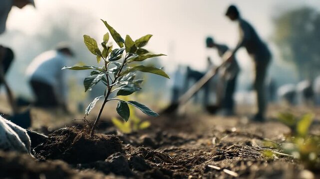 Volunteer hands planting small sapling rich soil. Community gathers to plant tree support growth protect nature. Planting trees helps environment. Soil hands community nurture sapling growth together