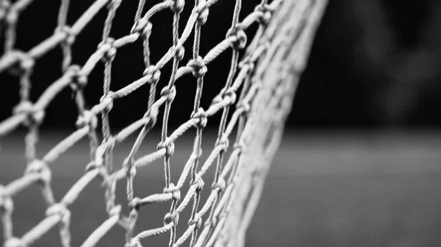 Close-up photograph of soccer goal net in monochrome