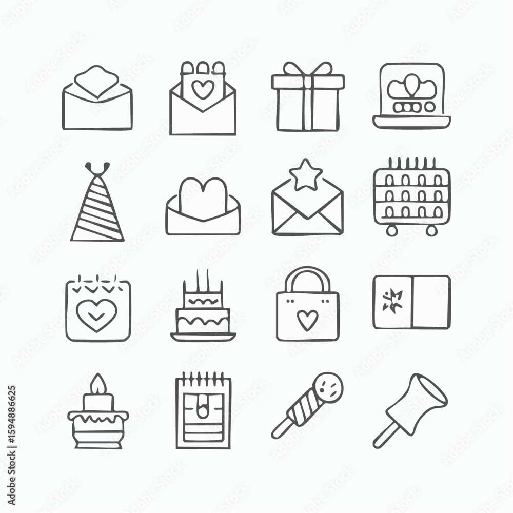 Aufkleber an illustrative set of hand-drawn line art icons representing various celebratory elements and objec