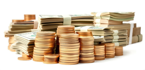 Stacks of Cash and Coins Piled Together in a Neatly Organized Manner for Financial Themes and Currency Concepts