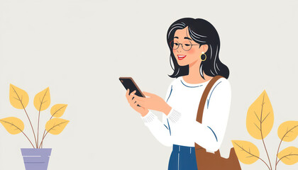 Woman Using Smartphone in Casual Setting Surrounded by Potted Plants with Minimalist Aesthetic