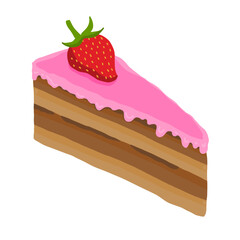 Illustration of a slice of chocolate cake covered in pink frosting with a strawberry on top. Strawberry cake slice vector illustration