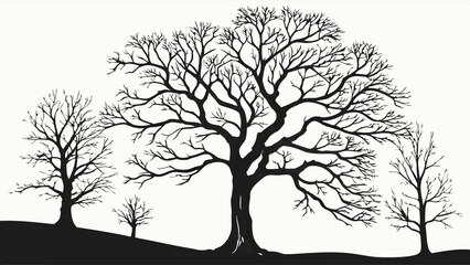 Winter Bare Trees Silhouette. Nature Landscape with Leafless Branches. Seasonal Outdoor Scene. Black and White Graphic.