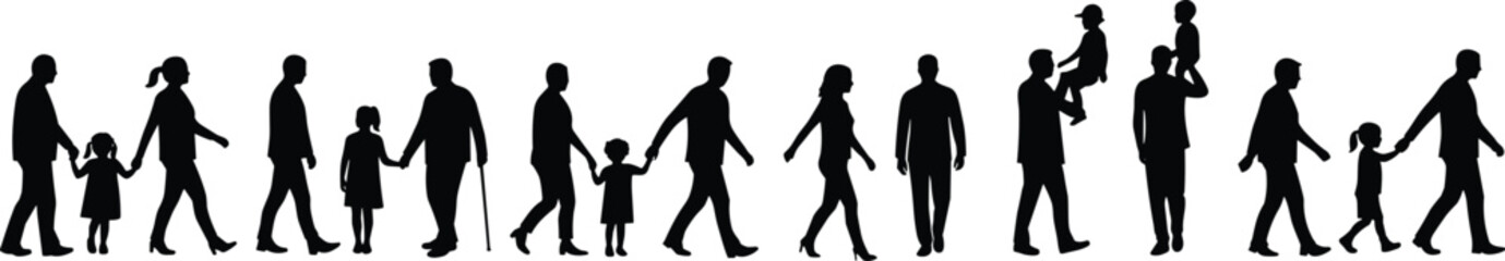 Silhouette illustration of a diverse crowd of people walking, a community of families, men, women, and children moving together forward.