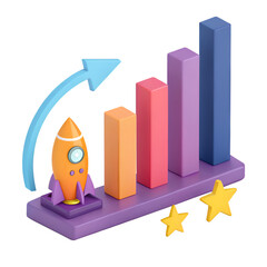 Bar graph rocket growth 3D illustration