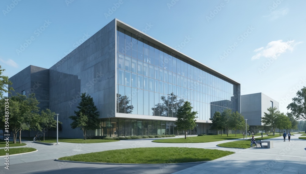 Poster modern gray building with curved facade and large glass windows in tranquil park setting. unique des