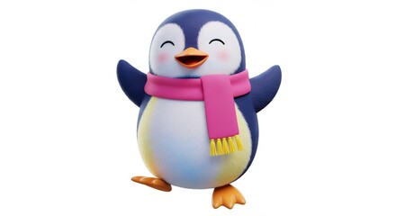 Obraz premium Cheerful cartoon penguin with pink scarf
