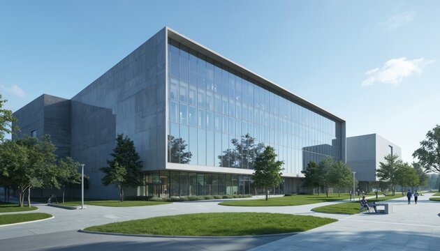 Modern gray building with curved facade and large glass windows in tranquil park setting. Unique design blends architecture and nature. Low-angle perspective emphasizes building presence.