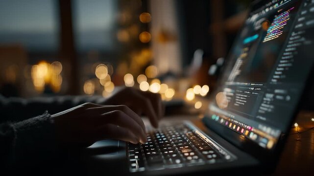 Programmer focused on laptop screen filled with code. Typing hands on glowing keyboard. Laptop, screen, code dominate night workspace. Coder writes and edits code. Programming at night workspace focus