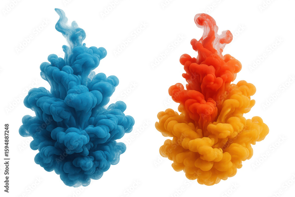 Poster vibrant ink tendrils dancing, blending into fluid abstract patterns within transparent liquid enviro