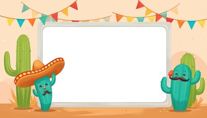 Cute cactus characters celebrate Mexican holiday beside blank frame. One cactus wears sombrero, mustache, mustache. Festive bunting decorates background. Ideal for party invitations, greeting cards,
