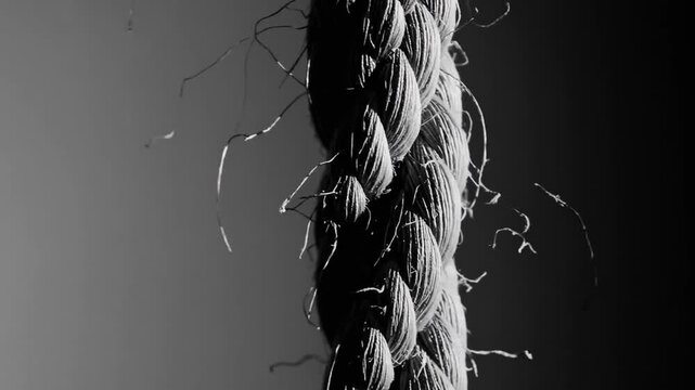 Nearly severed rope dangling vertically against dark backdrop
