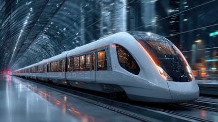 Naklejka premium High-speed transport pod travels through sleek tunnel, symbolizing futuristic urban mobility, magnetic propulsion, and ultra-fast smart travel innovations in infrastructure.