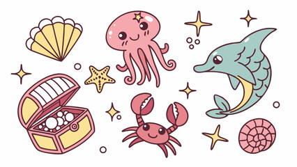 Cute cartoon sea animals and ocean elements set. Adorable marine life collection with dolphin, jellyfish, crab, starfish, treasure chest.