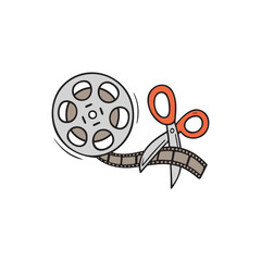 Illustration of a movie reel with a scissors cutting the film tape