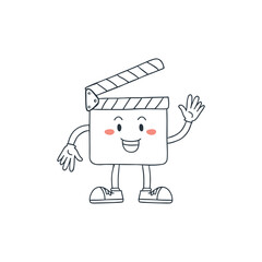 Illustration of a movie clapper board mascot with waving hand