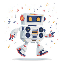 Obraz premium Dancing Retro Robot Surrounded by Music Notes in Colorful Party Vibes