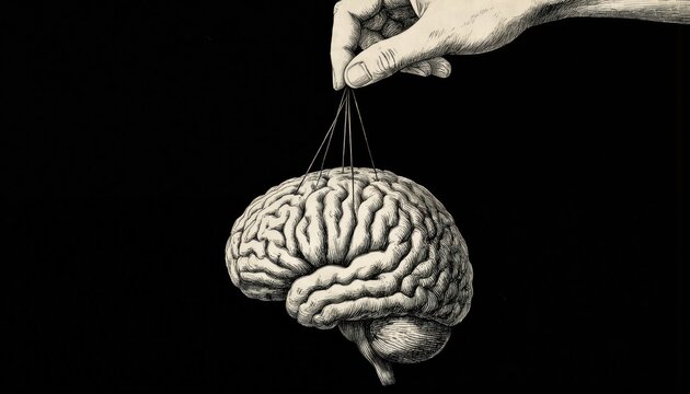 Illustration depicts mind manipulation with strings controlling a brain. A hand puppeteers thoughts and intellect, symbolizing psychological control or mental slavery.